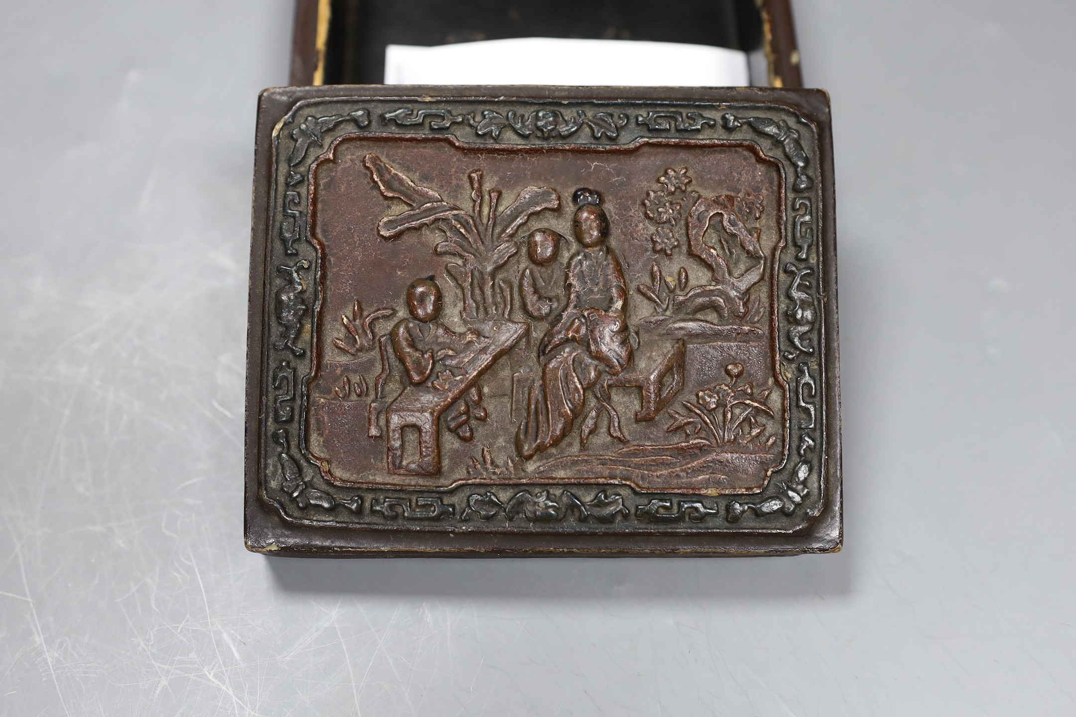 A Chinese lacquered rectangular box and cover, 12.5cms wide x10cms deep